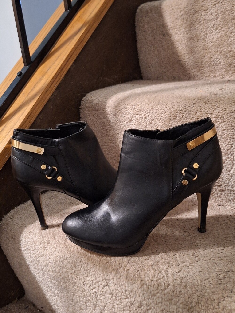 Black Leather Ankle Booties with Gold Accent